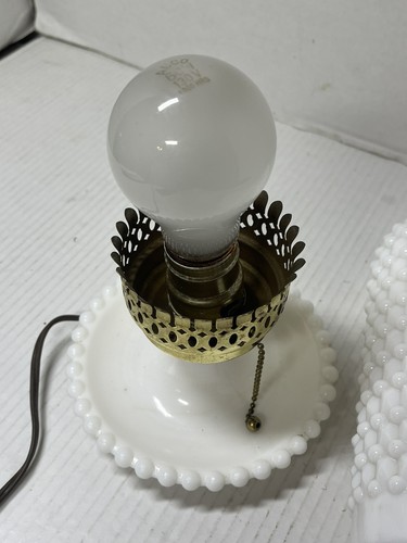 Antique Milk Glass Table Lamp Light Fixture Atomic Spaceship White Hobnail RARE - Picture 8 of 15