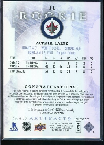 2016-17 Artifacts Rookie Autograph Relics Silver #II Patrik Laine 101/125 - Bild 2 von 2