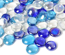 Flat Glass Marbles 1Lb, 100PCS Mixed Color Blue Glass Beads for Vases Flat Gems