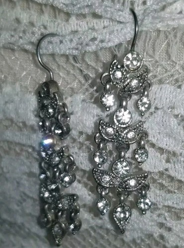 Orecchini Pendenti Vintage Art Noveau Argento Eleganti Strass Estate Gioielli - Foto 4 di 6