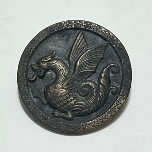 Large Tinted Metal Picture Button 1.5 in Winged Creature Dragon Antique Vintage