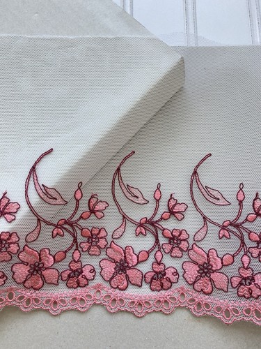 Floral Embroidered Lace Trim with White Tulle for Sewing/Dresses/Crafts/7" Wide - Picture 6 of 16
