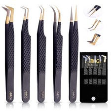 5 Pcs Fiber-Tip Japanese Steel Lash Tweezer Set with Leather Case, Profession...