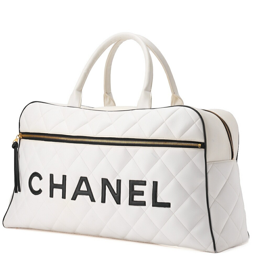 CHANEL Matelasse Calfskin Boston Bag Sports Line Logo White Black 7733