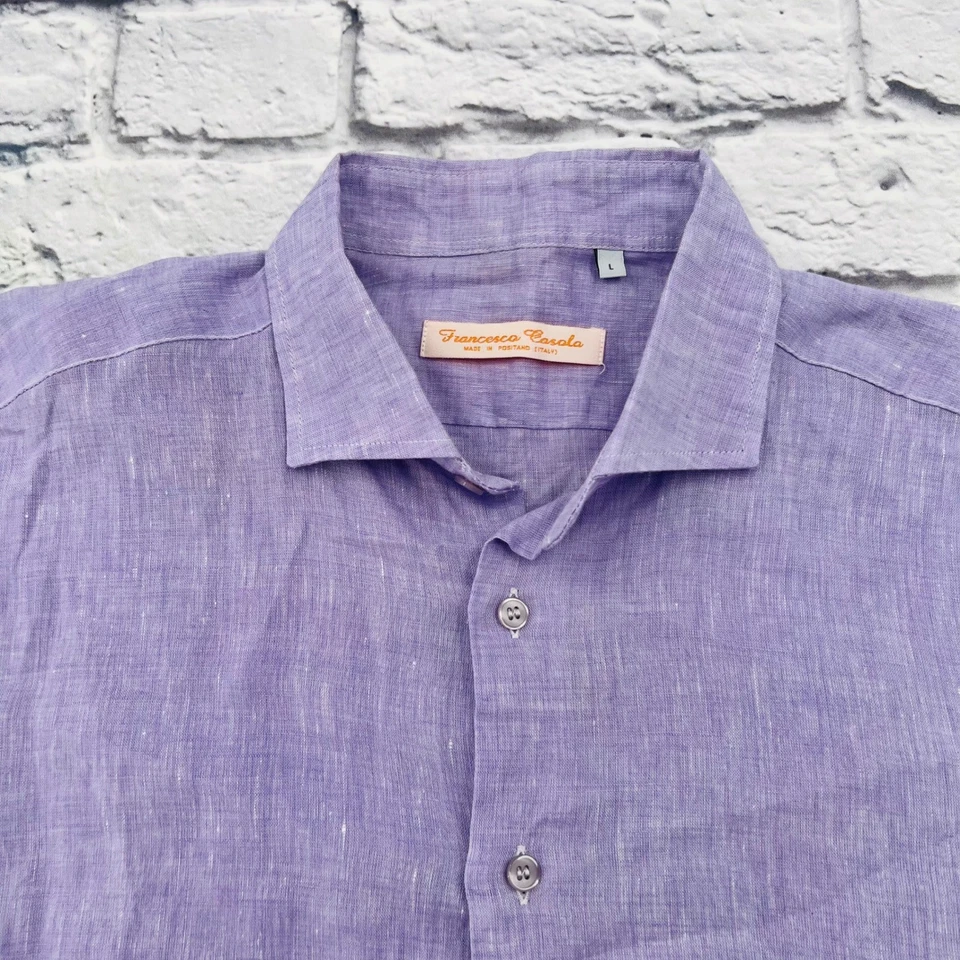 Francesco Casola Linen Shirt Light Purple Short Sleeve Made in Italy Mens Large - Image 2 of 4