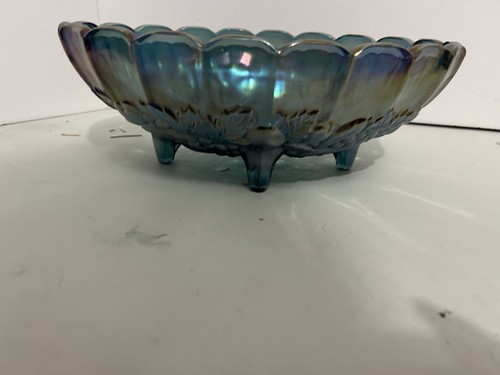VTG Indiana Carnival Glass Blue Iridescent Bowl Harvest Grape 1970s Oval Footed - Picture 6 of 14