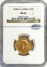 1928 SA GOLD SOUTH AFRICA KING GEORGE V SOVEREIGN NGC MINT STATE 63