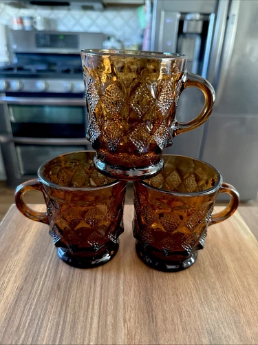 Vintage Set Of 3 Anchor Hocking Fire King Kimberley Diamond Brown Coffee Mugs