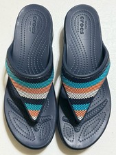Crocs Monterey Sandals Women's Size 9 Navy Blue Striped Wedge Flip Flops Comfort