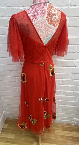 New Monsoon Claudia Embellished Midi Dress UK 10 Red Orange Sequins Floral - Picture 5 of 10