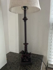 Unique Metal Pole Lamp with Resin Monkeys On Base. Black/Maroon. H31” With Shade