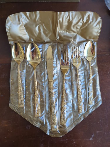 ✨VINTAGE✨ 50-Piece Golden Flower Garden 23Kt Plated Flatware 8 Sets - Picture 17 of 22