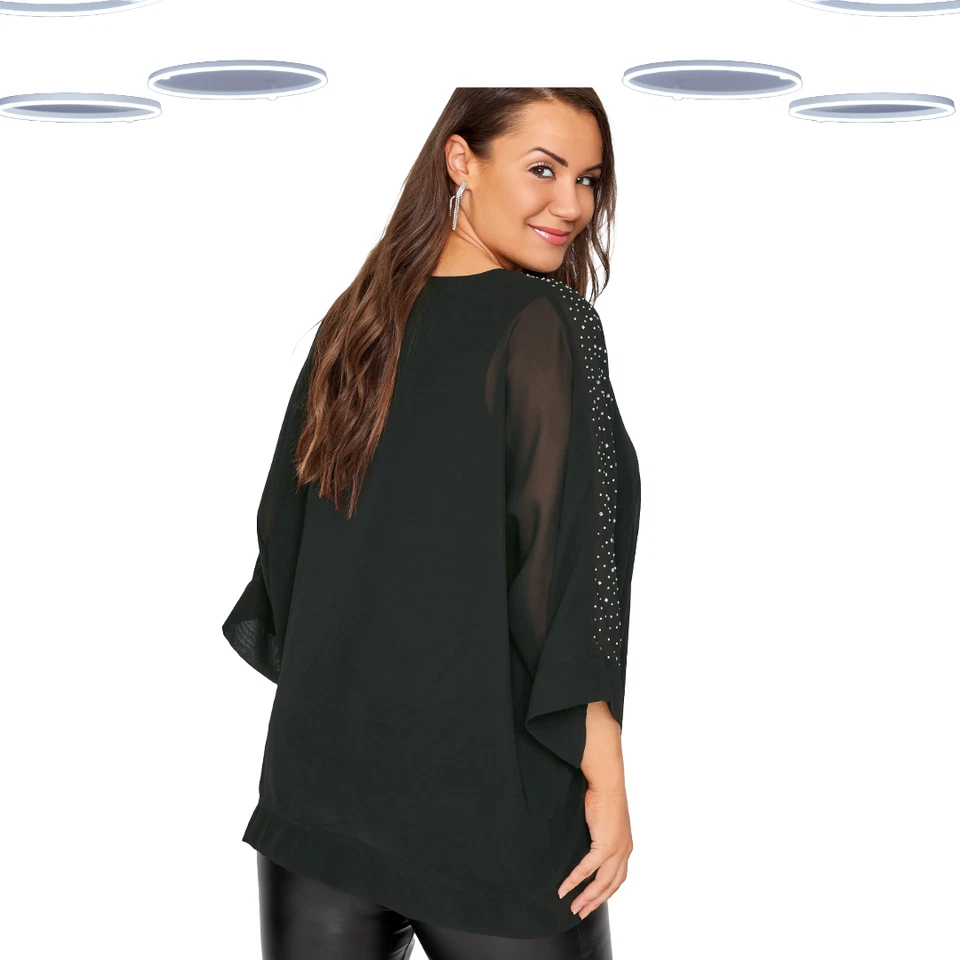 Ex Women's Plus Size Diamante Embellished Cape Top in Black (Defect) - Image 3 of 4