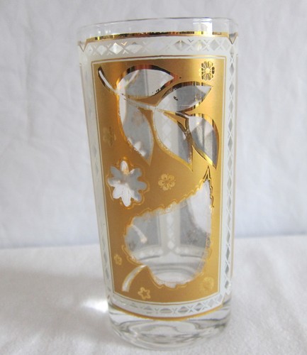 5 Vintage Mid-Century Modern 5.5" glasses gold, frosted, leaf decoration - Picture 5 of 7