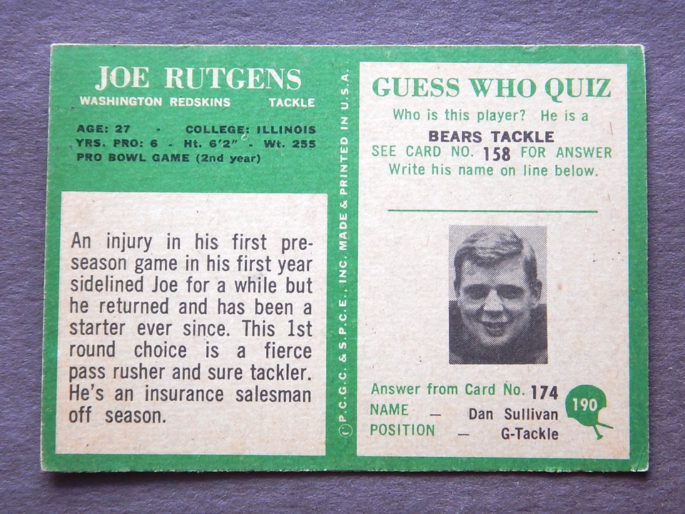 Joe Rutgens #190 Philadelphia 1966 Football Card (Washington Redskins ...