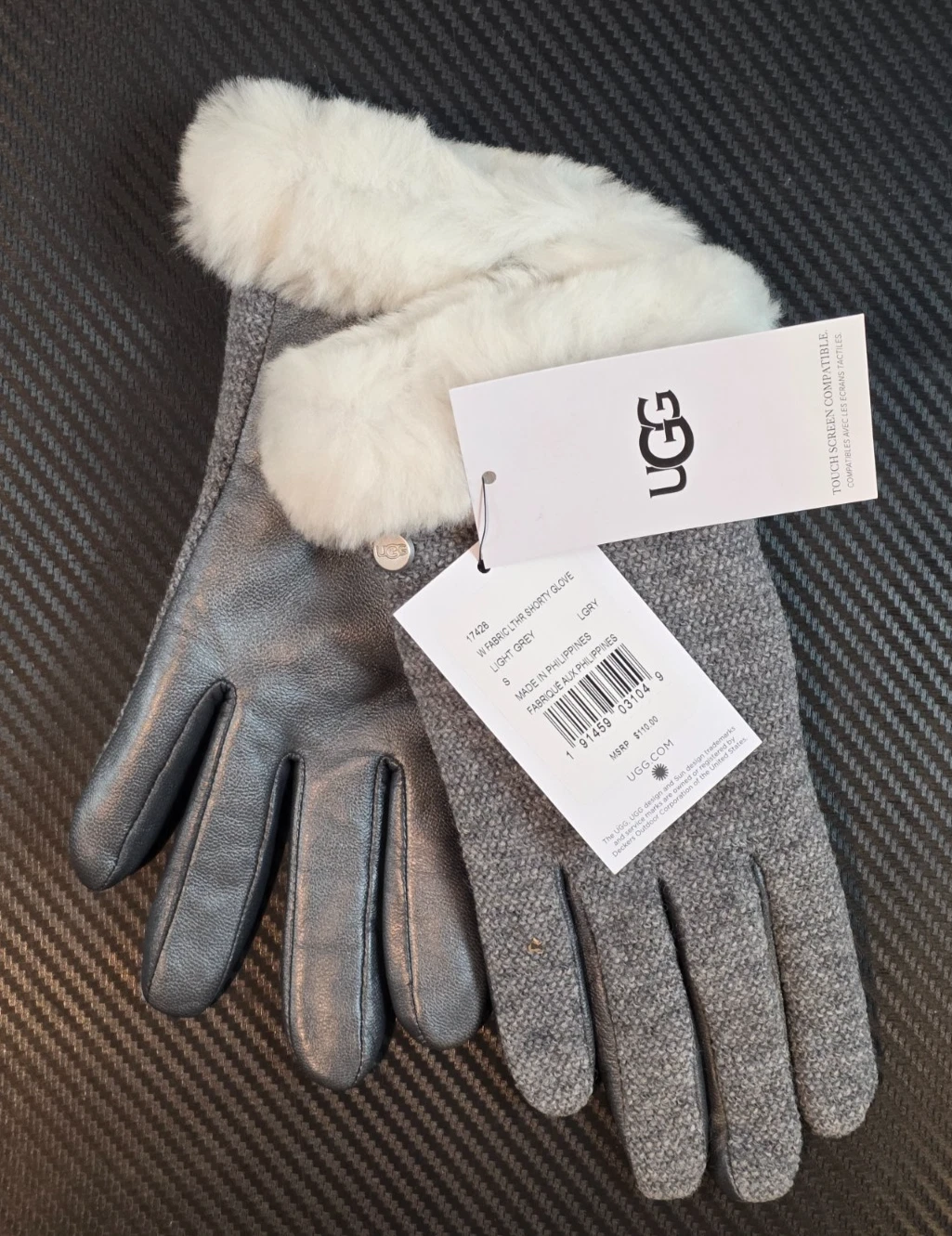UGG Women's Small Fabric Leather Shorty Glove Light Grey #17428 *Read