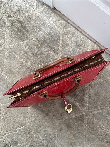 $320 Arcadia Tan Cherry Red Italian Patent Leather Business Large Tote Bag - Picture 20 of 20