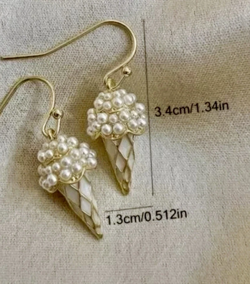 Pendientes de cono de helado de perlas de imitación de plata de ley 925 enchapados en oro de 14k nuevos sin etiquetas Foto 3 de 4