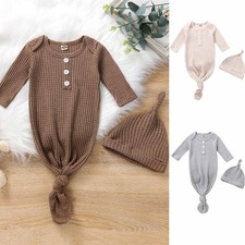 Newborn Knotted Baby Gowns Long Sleeve Outfit Soft Cotton Sleep Sack New