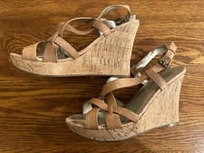 Guess Cork Wedge Heel Brown Beige Copper Buckle Strap Open Toe Shoe