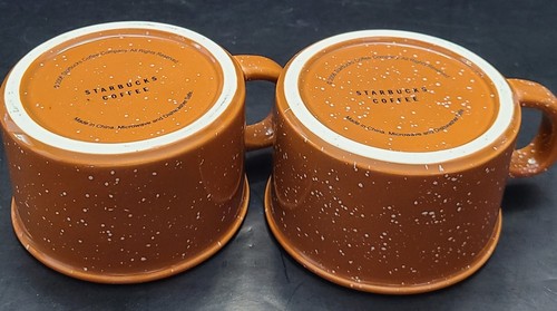 Starbucks Set 2 Coffee Mug Cup 2006 8 Oz Camp Style short Brown White Speckled - Picture 4 of 7