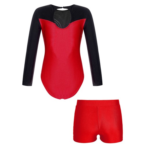 Kids Girls Figure Skating Costume Color Block Bodysuit With Shorts Yoga Shiny - Picture 14 of 94