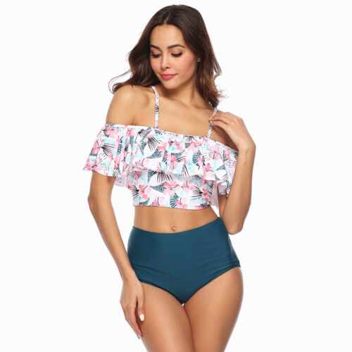 Ruffle Off Shoulder Plus Size Swimsuit Boy Short Bikini Two Pieces Bathing Suit - Picture 40 of 45
