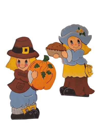 Vintage handbemalte Pilgerfiguren aus Holz Set doppelseitig Erntedankdeko GUS - Bild 19 von 19