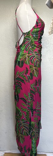 nwt Farm Rio Leaves Pink Midi Dress Front Slit Sz S Strappy Ruched Floral Green - Picture 4 of 12