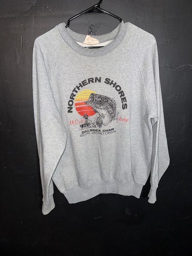 Vintage 80er Angeln Sweatshirt Erwachsene L grau PEP Action Wear Red Lake Ontario Mcewens