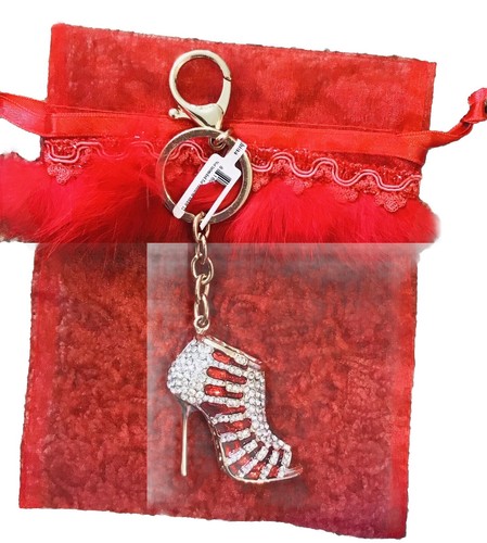 Crystal Rhinestones Sassy Red High Heel Shoe Gold Tone Purse Keychain New - Picture 3 of 5