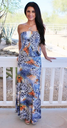 New J UP BLUE KOI FISH MERMAID DREAMS MAXI TUBE DRESS BOHO STRAPLESS S M L USA - Picture 4 of 5