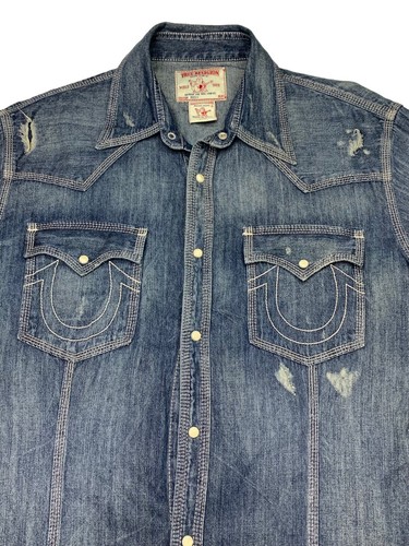 True Religion Jacket Mens XXXL Blue Rocky Snap Denim Distressed Jean Logo - Picture 6 of 16