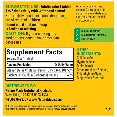 Nature Made Calcium 600 Mg With Vitamin D3 220 Tablets Bone Support Supplement - Picture 6 of 7
