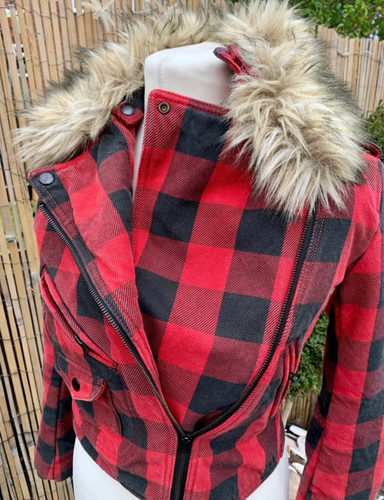Ralph Lauren Denim & Supply Vintage Red Buffalo Check Fur Trim Biker Jacket S 8 - Picture 5 of 11