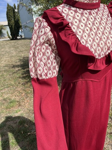 Vintage 70s Prairie Lace Ruffle Burgundy Handmade Victorian Style Dress Medium - Picture 8 of 10