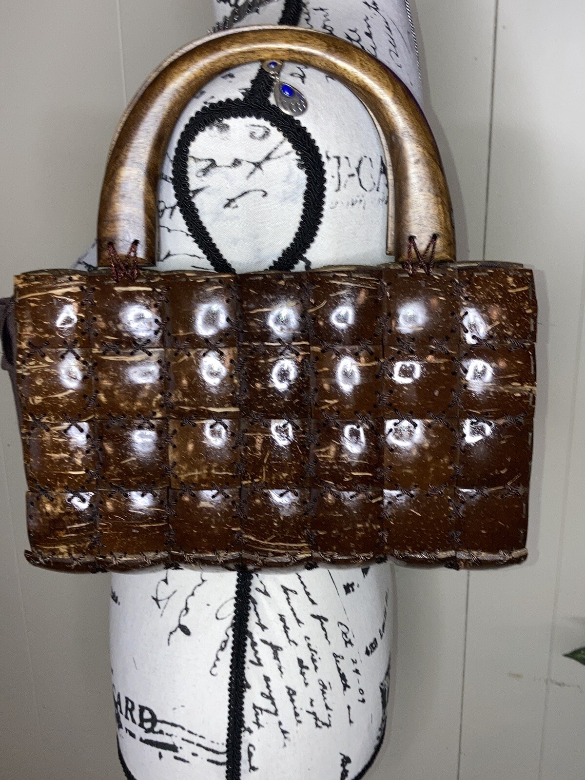 Handmade Coconut Shell Woven Patchwork Brown Zip … - image 3