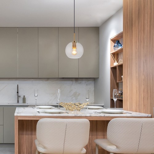 Lampada a Sospensione Sala Pranzo Luce Metallo Ottone Vetro Trasparente Sferica - Foto 6 di 11