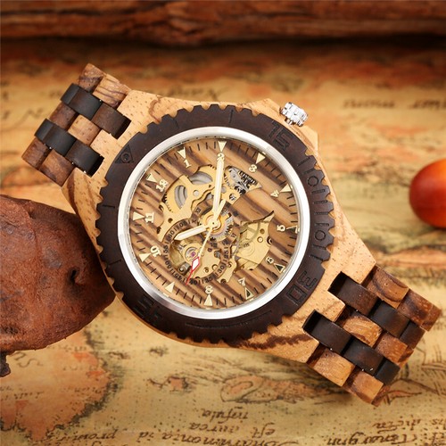Mens Wooden Watches Auto Mechanical Wristwatch Skeleton Timepiece Wood Bangle - Picture 4 of 8