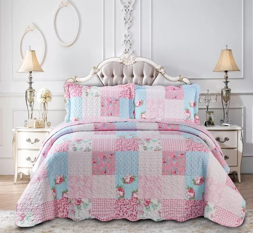 3 Piece Quilted Patchwork Bedspread Luxury Bed Throw Double King Size Comforter - Picture 25 of 29