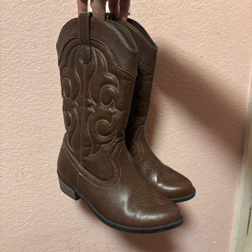 Cat & Jack Boots Youth 1 Western Cowboy Brown Leather Pull On Mid-Calf Casual