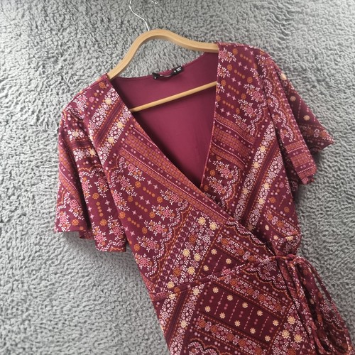 Sportsgirl Womens Wrap Dress Siz M Burgundy Pink Floral Stretch Knit A-line - Picture 2 of 14