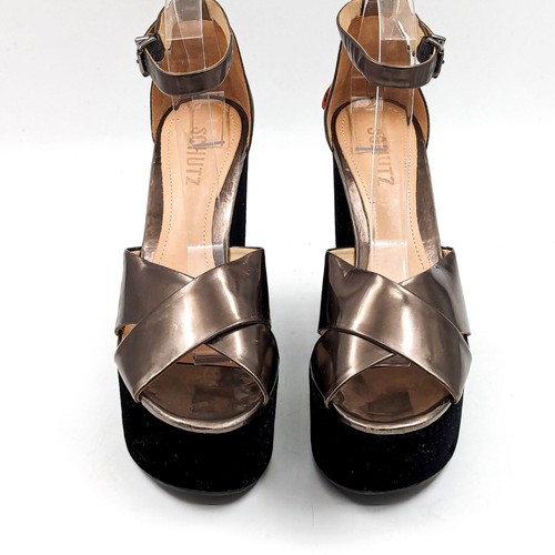Schutz Lucrecia Black Fabric Party Chrome Wedge Platform Heel Sandals 8.5 - Picture 3 of 11
