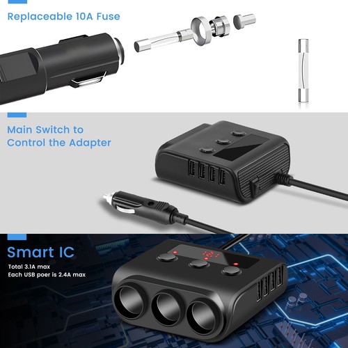 3 Way 12V 24V Multi Socket Car Cigarette Lighter Splitter USB Charger Adapter UK - Picture 7 of 17