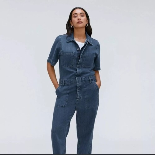 Everlane The Short Sleeve Denim Coverall Blue Jean Button Up Straight Jumpsuit 8 - Picture 8 of 12