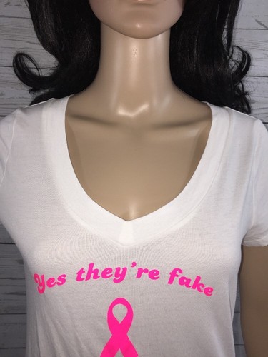 Breast Cancer Awareness T-Shirt Medium White Hot Pink V-Neck They're Fake - Picture 2 of 12