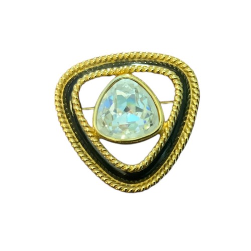 Broche prendedor Swarovski Swan sello cristal tono dorado esmalte negro joyería de colección - Imagen 1 de 7