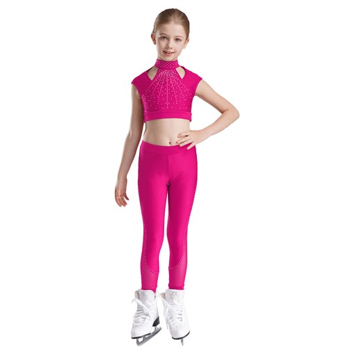 US Kids Girls Outfits Stage Tracksuits Cutout Crop Top And Leggings Rhinestones - Picture 43 of 85