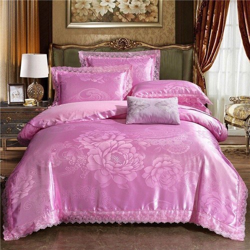 Luxury Satin Jacquard Bedding Set Lace Duvet Cover Pillowcase Bed Sheet 4 pcs - Bild 7 von 39