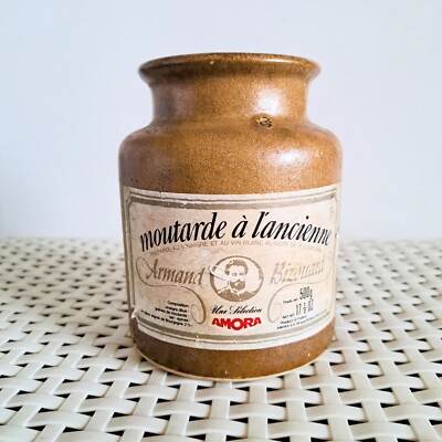 Vintage Keramik Topf mit Senfetikett Armand Bizouard